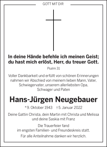 Traueranzeige von Hans-Jürgen Neugebauer von Frankenpost
