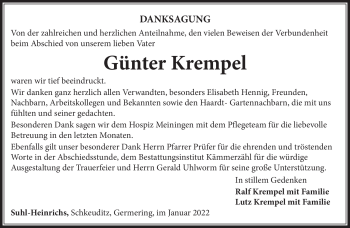 Traueranzeige von Günter Krempel von Südthüringer Presse
