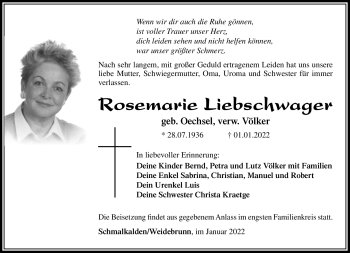 Traueranzeige von Rosemarie Liebschwager von Südthüringer Presse