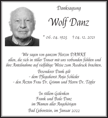 Traueranzeige von Wolf Danz von Südthüringer Presse