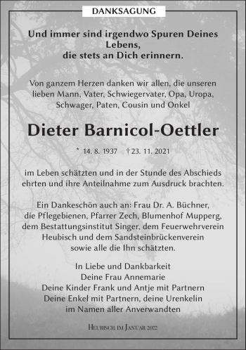 Traueranzeige von Dieter Barnicol-Oettler von Südthüringer Presse