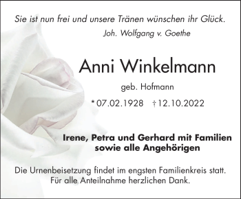 Traueranzeige von Anni Winkelmann von Frankenpost