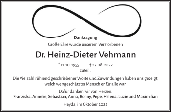 Traueranzeige von Dr. Heinz- Dieter Vehmann von Südthüringer Presse