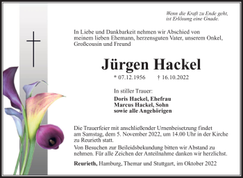 Traueranzeige von Jürgen Hackel von Südthüringer Presse