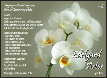 Traueranzeige von Edelgard Artes von Südthüringer Presse