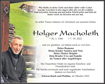 Traueranzeige von Holger Macholeth von Südthüringer Presse