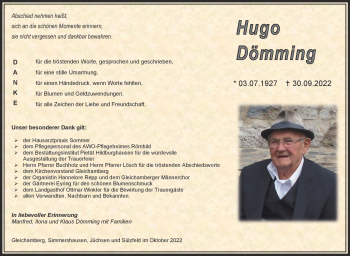 Traueranzeige von Hugo Dömming von Südthüringer Presse