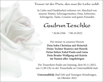 Traueranzeige von Gudrun Teschke von Südthüringer Presse