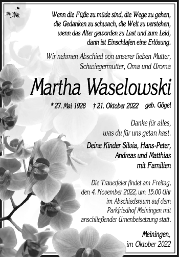 Traueranzeige von Martha Waselowski von Südthüringer Presse