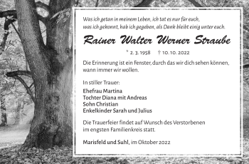 Traueranzeige von Rainer Straube von Südthüringer Presse