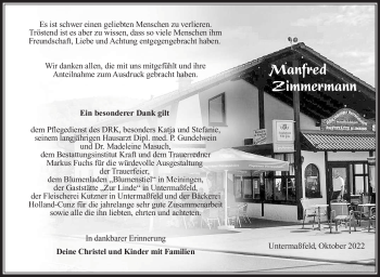 Traueranzeige von Manfred Zimmermann von Südthüringer Presse