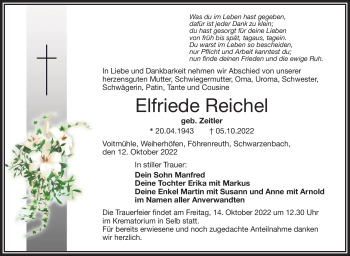 Traueranzeige von Elfriede Reichel von Frankenpost