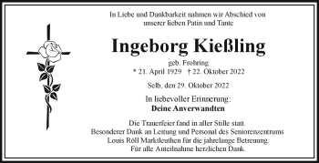 Traueranzeige von Ingeborg Kießling von Frankenpost