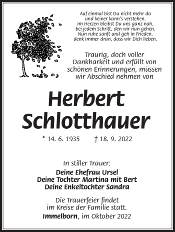Traueranzeige von Herbert Schlotthauer von Südthüringer Presse