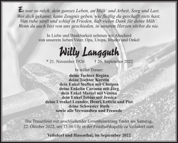 Traueranzeige von Willy Langguth von Südthüringer Presse