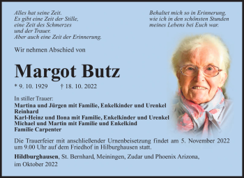 Traueranzeige von Margot Butz von Südthüringer Presse