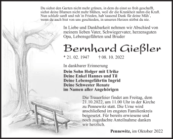 Traueranzeige von Bernhard Gießler von Südthüringer Presse