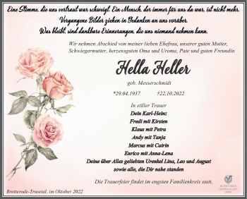 Traueranzeige von Hella Heller von Südthüringer Presse