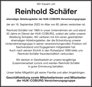 Traueranzeige von Reinhold Schäfer von Neue Presse Coburg