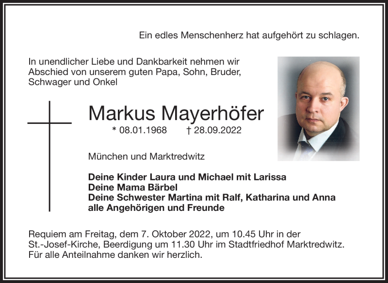  Traueranzeige für Markus Mayerhöfer vom 05.10.2022 aus Frankenpost