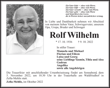 Traueranzeige von Rolf Wilhelm von Südthüringer Presse