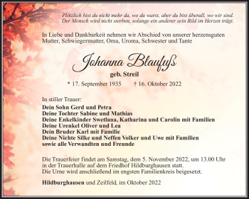 Traueranzeige von Johanna Blaufuß von Südthüringer Presse