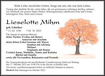 Traueranzeige von Lieselotte Mihm von Südthüringer Presse