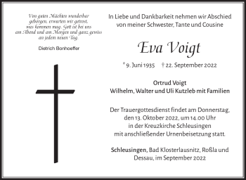 Traueranzeige von Eva Voigt von Südthüringer Presse