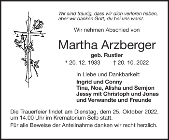 Traueranzeige von Martha Arzberger von Frankenpost