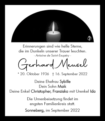 Traueranzeige von Gerhard Meusel von Südthüringer Presse