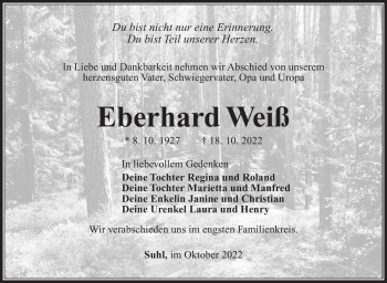 Traueranzeige von Eberhard Weiß von Südthüringer Presse