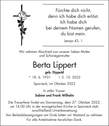 Traueranzeige von Berta Lippert von Frankenpost