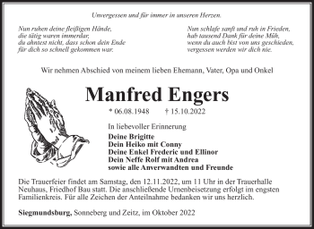 Traueranzeige von Manfred Engers von Südthüringer Presse