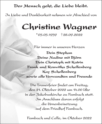 Traueranzeige von Christine Wagner von Südthüringer Presse