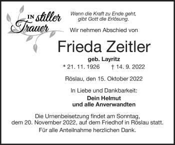Traueranzeige von Frieda Zeitler von Frankenpost