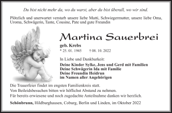 Traueranzeige von Martina Sauerbrei von Südthüringer Presse