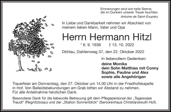 Traueranzeige von Hermann Hitzl von Frankenpost
