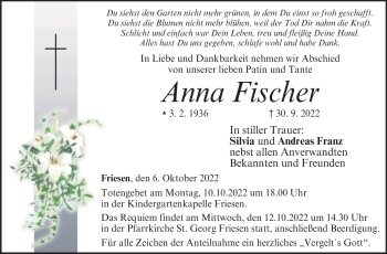 Traueranzeige von Anna Fischer von Neue Presse Coburg