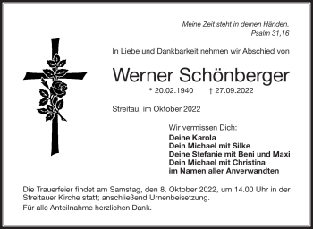 Traueranzeige von Werner Schönberger von Frankenpost