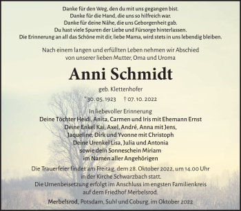 Traueranzeige von Anni Schmidt von Südthüringer Presse