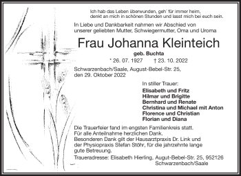Traueranzeige von Johanna Kleinteich von Frankenpost