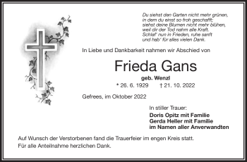 Traueranzeige von Frieda Gans von Frankenpost
