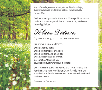 Traueranzeige von Klaus Didszus von Südthüringer Presse