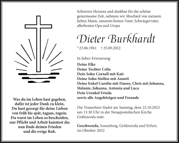 Traueranzeige von Dieter Burkhardt von Südthüringer Presse