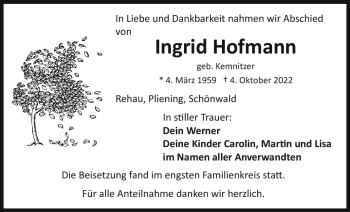 Traueranzeige von Ingrid Hofmann von Frankenpost
