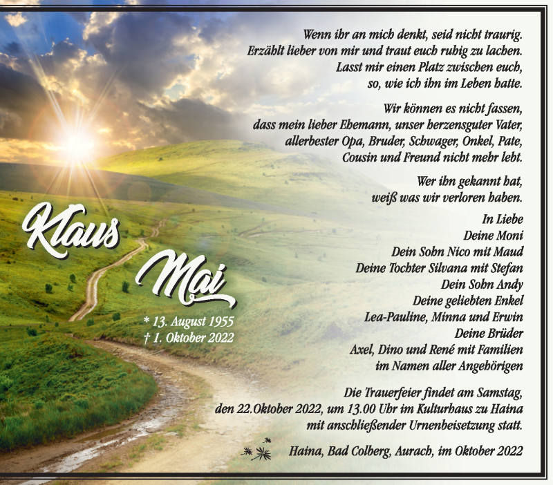  Traueranzeige für Klaus Mai vom 15.10.2022 aus Südthüringer Presse
