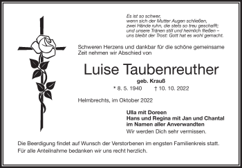 Traueranzeige von Luise Taubenreuther von Frankenpost
