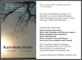 Traueranzeige von Karl-Heinz Krebs von Südthüringer Presse