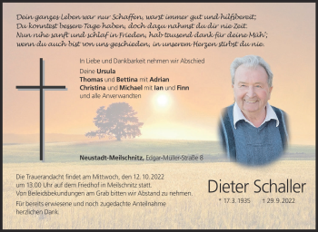 Traueranzeige von Dieter Schaller von Neue Presse Coburg