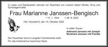 Traueranzeige von Marianne Janssen-Bengisch von Frankenpost